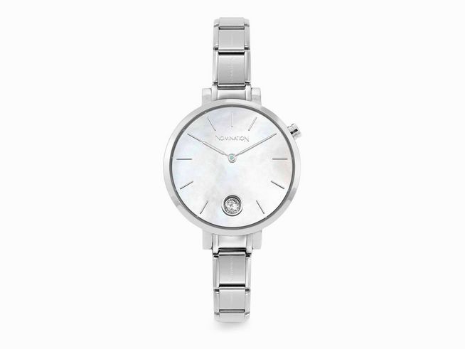 Elegante Nomination TIME PARIS Uhr mit Perlmutt-Ziffernblatt, silbernem Gehäuse und Armband sowie einem funkelnden Ziffernblatt-Akzent. Ideal für stilbewusste Frauen.