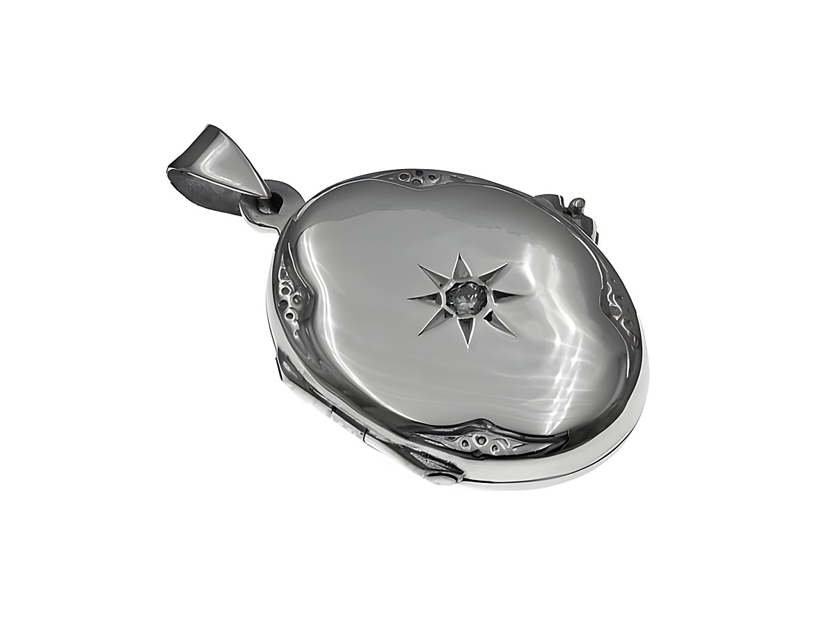 Zirkonia Medaillon oval poliert 32mm aus Sterling Silber von Juwelier Harnisch mit dekorativem Stein und feinem Muster auf der Oberfläche.