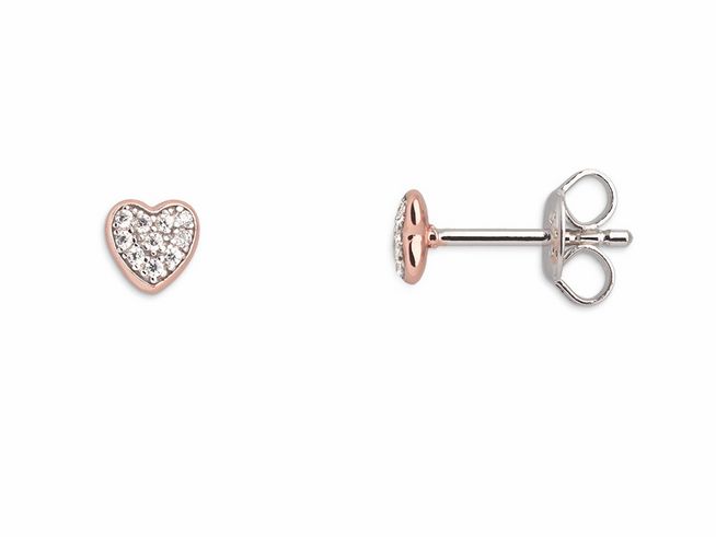 Xenox Sterling Silber Ohrringe XS3737RN LOVE STORY-OS in Roségold Vergoldung mit Herzmotiv und funkelnden Details, eleganter Ohrschmuck für jeden Anlass.
