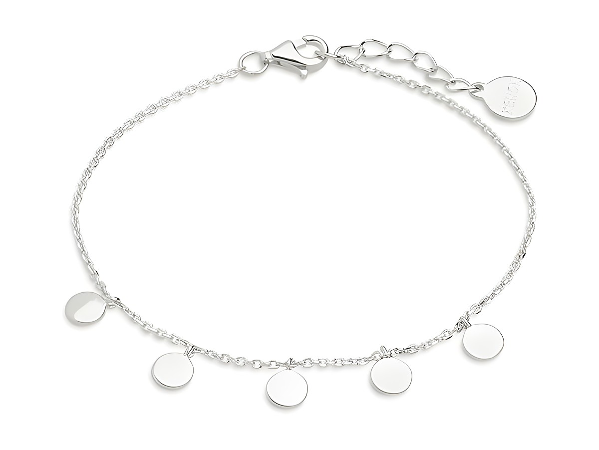 Xenox Sterling Silber Armband XS3691 mit einer Ankerkette, 18,5 cm lang, verziert mit fünf glatten, runden Anhängern, perfekt für eine persönliche Gravur, elegantes Design für jeden Anlass.