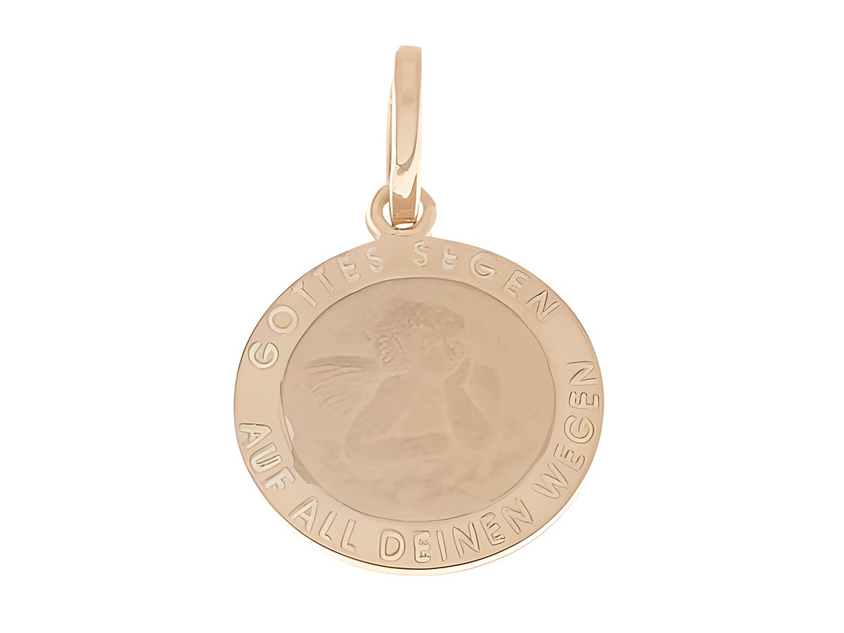 Ein runder Anhänger aus rosé vergoldetem Sterling Silber mit einem Schutzengel-Motiv und der Aufschrift Gottes Segen auf all deinen Wegen. Hersteller Juwelier Harnisch.