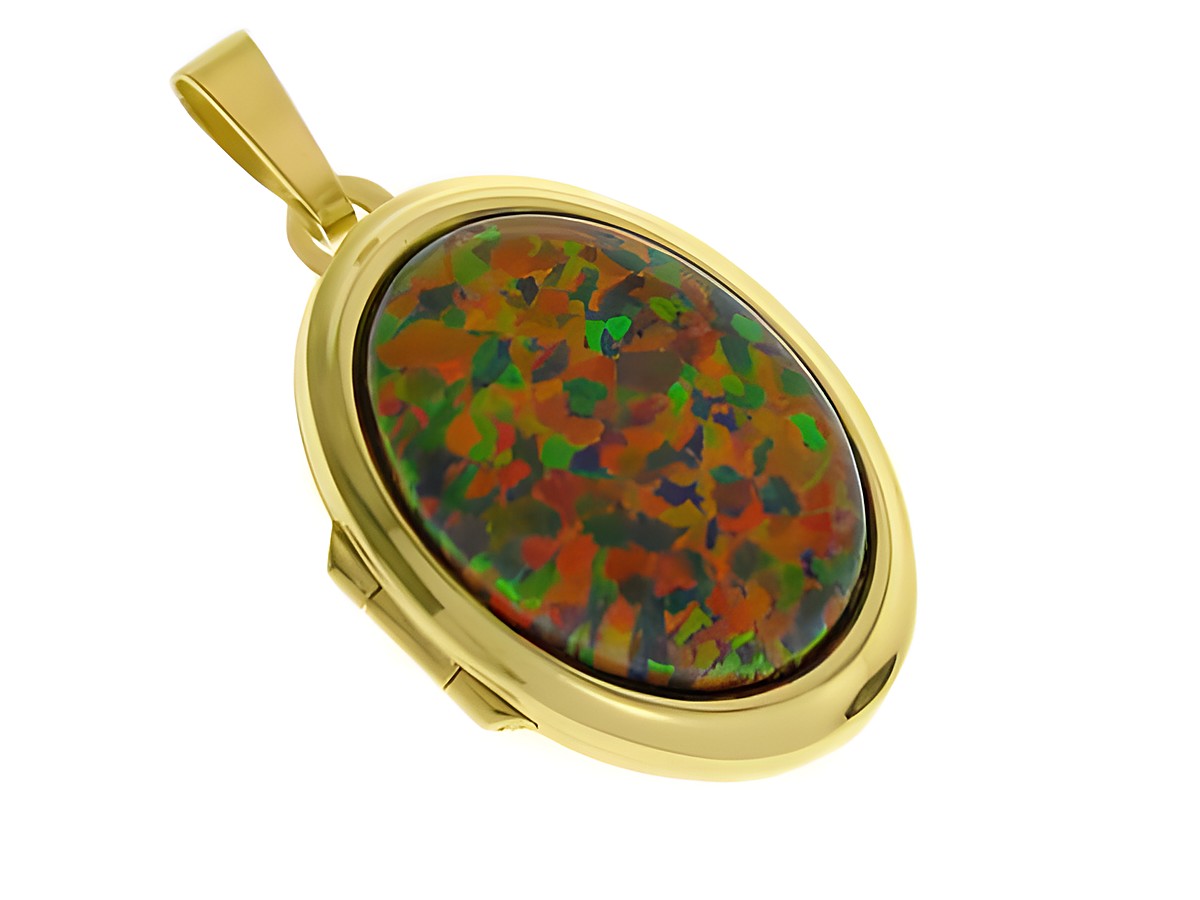 Bunt schillerndes Opal Medaillon im Cabochon-Design aus Gold 750, gefertigt vom Juwelier Harnisch, elegant und farbenfroh mit holographischen Effekten.
