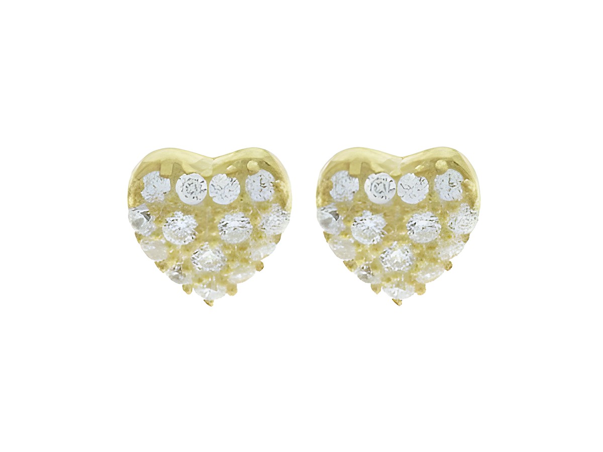 Ohrringe Stecker in Herzform aus silber vergoldetem Material mit glamourösem Zirkonia-Besatz, Hersteller Juwelier Harnisch, ideal für einen funkelnden Auftritt.