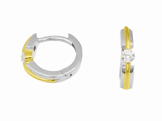 303512-0 Creolen in 1,2 cm mit gelben Akzenten aus Sterling Silber und rhodiniertem Finish, präsentiert mit einem funkelnden Stein, Hersteller Juwelier Harnisch, Durchmesser bis 15 mm.