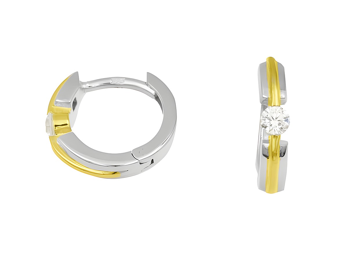 Creolen in 1,2 cm mit gelben Akzenten aus Sterling Silber und rhodiniertem Finish, präsentiert mit einem funkelnden Stein, Hersteller Juwelier Harnisch, Durchmesser bis 15 mm.