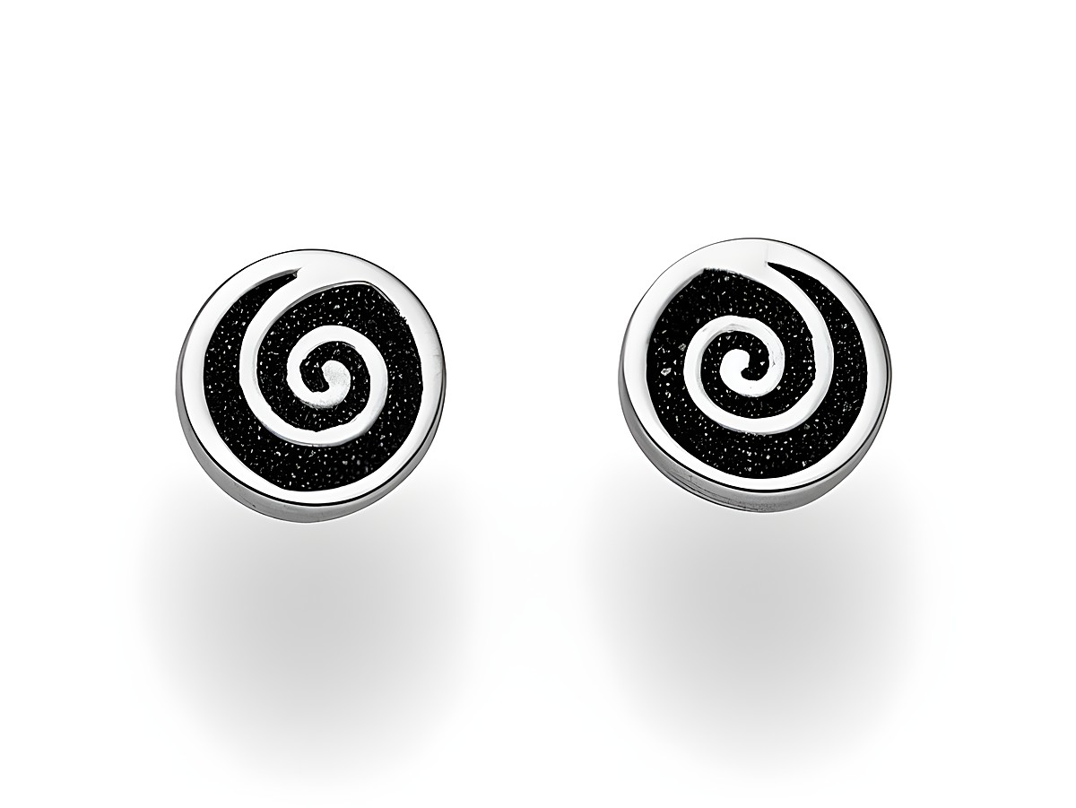 DUR Ohrring Spirale 2.0 in Sterling Silber mit schwarzem spiralförmigem Muster. Elegantes Design für jeden Anlass, ideal als modisches Accessoire. Hersteller DUR.