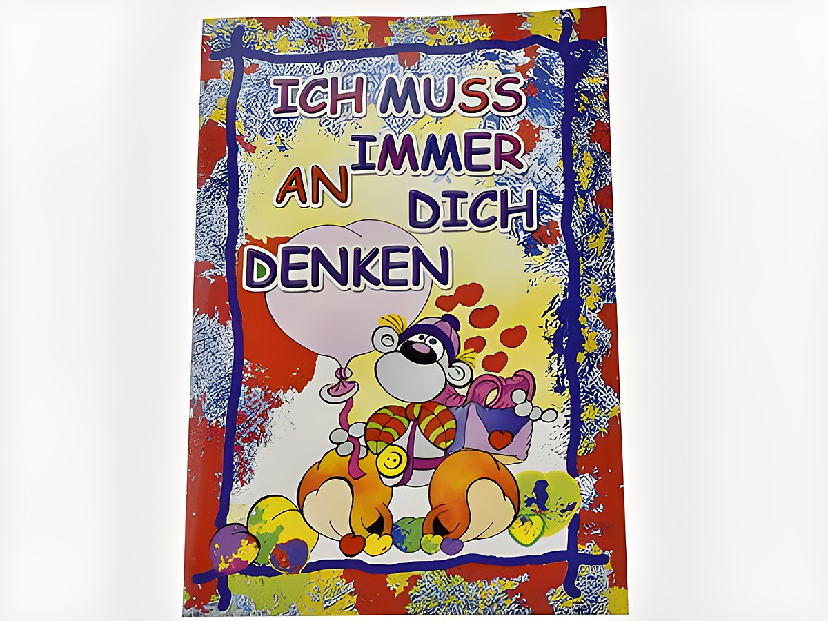 Lümmel-Figur mit rosa Herzballon auf einer Grußkarte, bunte Gestaltung mit dem Text Ich muss immer an dich denken, Hersteller Juwelier Harnisch.