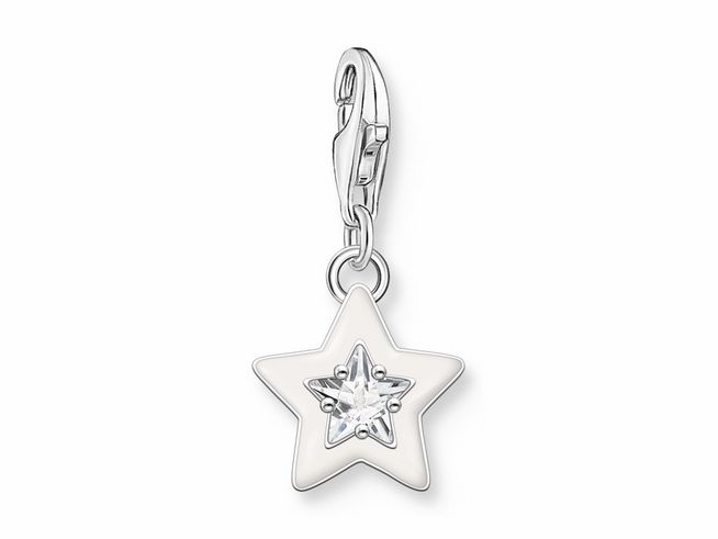 56972598-0 Charm-Anhänger von Thomas Sabo in Form eines Sterns, gefertigt aus Silber mit weißer Emaille und einem funkelnden Zirkonia in der Mitte, ideal für persönliche Schmuckstücke.