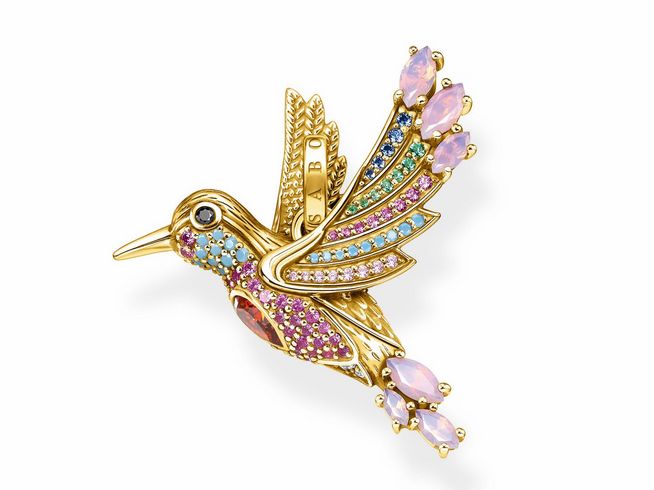 Goldfarbener Anhänger in Form eines Kolibris von Thomas Sabo PE905-488-7, verziert mit bunten Zirkoniasteinen in verschiedenen Farben, detailreiche Gestaltung, schillerndes Design.