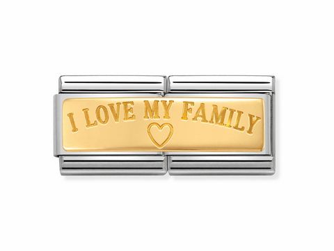 Ein Schmuckelement von Nomination 030710 03 Composable DOUBLE Classic mit der Gravur I LOVE MY FAMILY und einem kleinen Herz, stilvoll in gold und silber gestaltet.