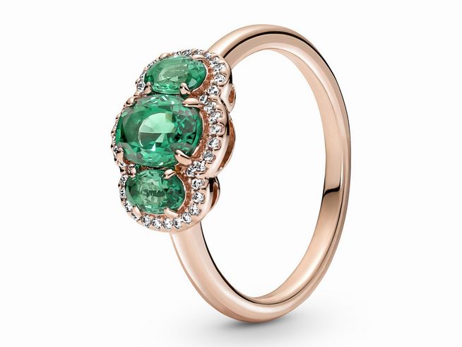 Vintage Pandora Ring in Roségold Vergoldung mit drei bunten Kristallen in der Größe 58. Elegantes Design mit funkelnden Steinen, ideal für besondere Anlässe.