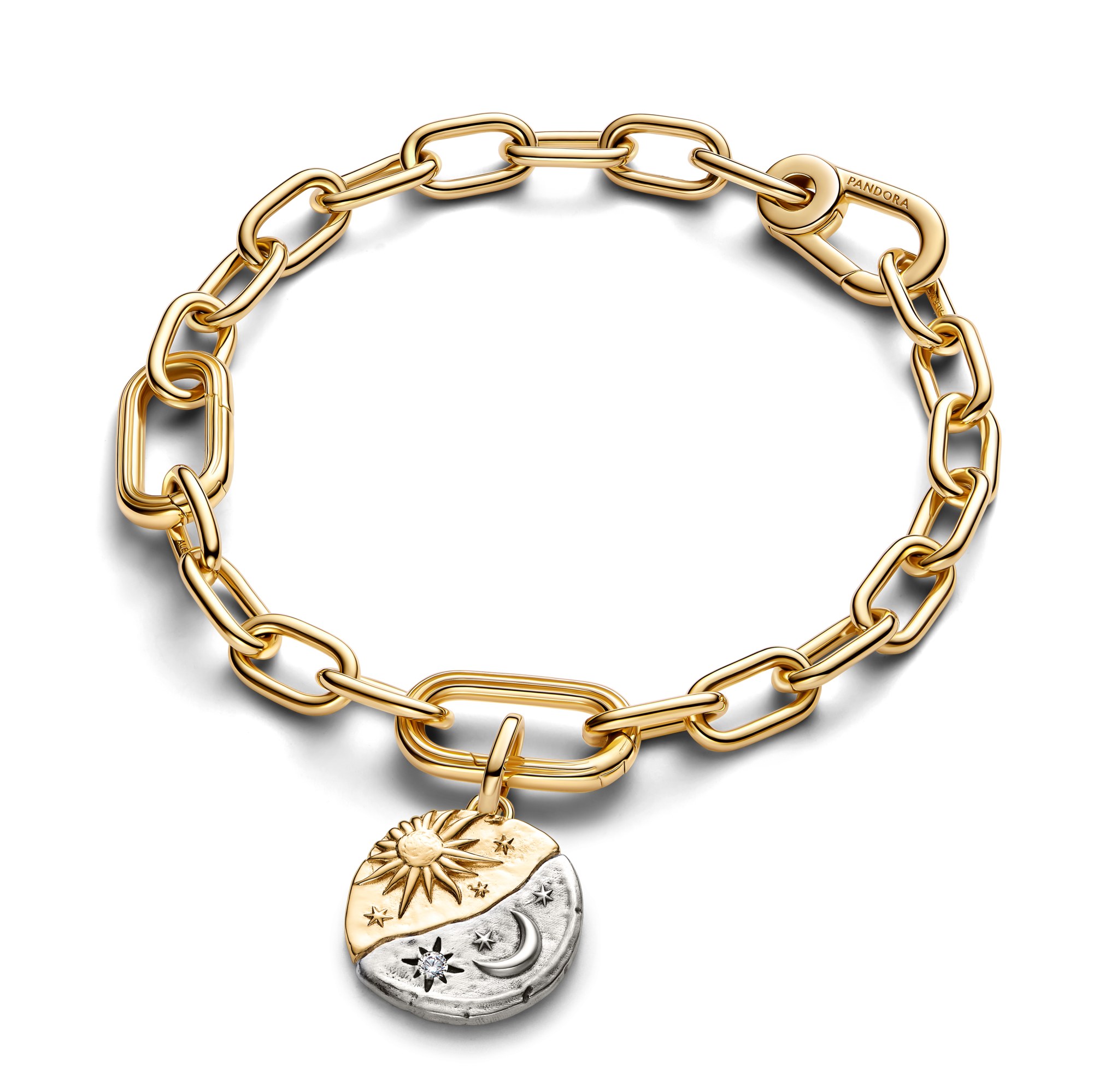 Pandora Me - Sonne und Mond Medaillon-Charm - Silber & Gelbgold Vergoldung - Zirkonia - PER ASPERA AD ASTRA – Ansicht 2