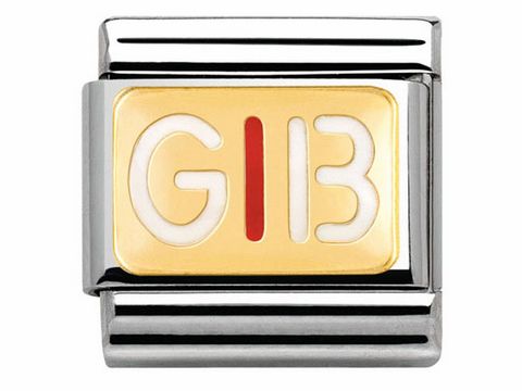 Der Nomination Classic BICOLOR 030261 33 GIB MESSAGES besteht aus einer goldenen und weißen Emailleplatte mit der Prägung GIB in stilvollem Design, umrandet von silbernem Metall.
