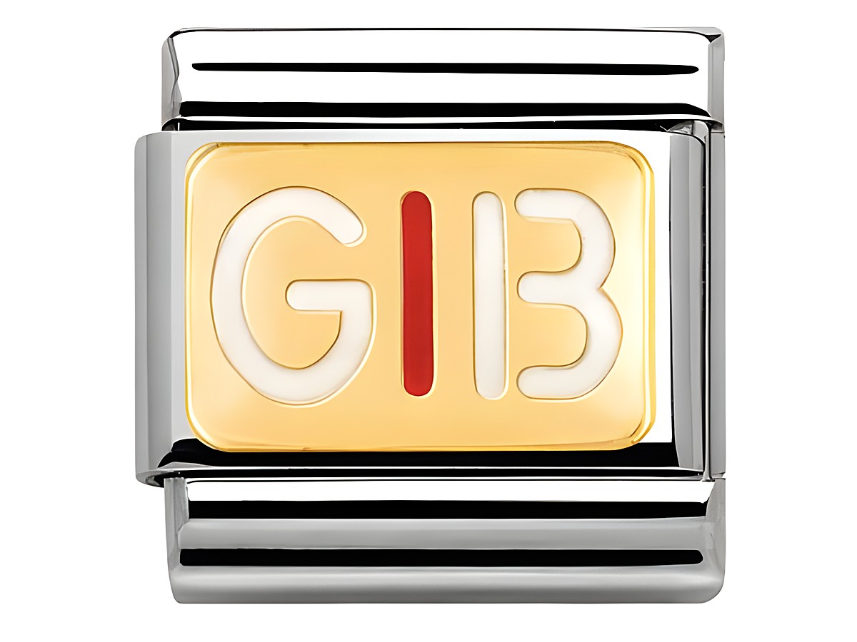Der Nomination Classic BICOLOR 030261 33 GIB MESSAGES besteht aus einer goldenen und weißen Emailleplatte mit der Prägung GIB in stilvollem Design, umrandet von silbernem Metall.