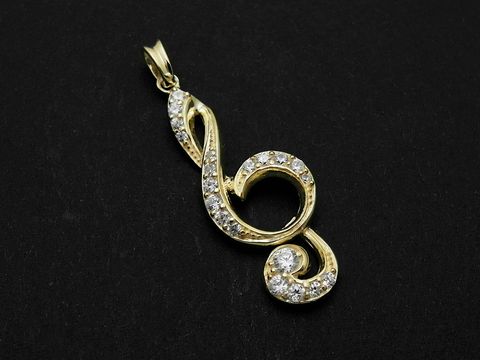 Notenschlüssel Silber Anhänger vergoldet mit Zirkonia, kunstvoll geformt, ideal für Musikliebhaber, Hersteller Juwelier Harnisch, elegantes Schmuckstück.