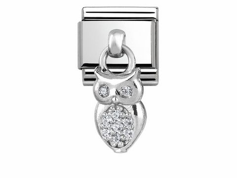 Charm-Eule aus Silber mit Zirkonia, Hersteller Nomination, Modell Classic Charms 331800 12, detailreiche Verarbeitung und glitzerndes Design, ideal für persönliche Schmuckstücke.