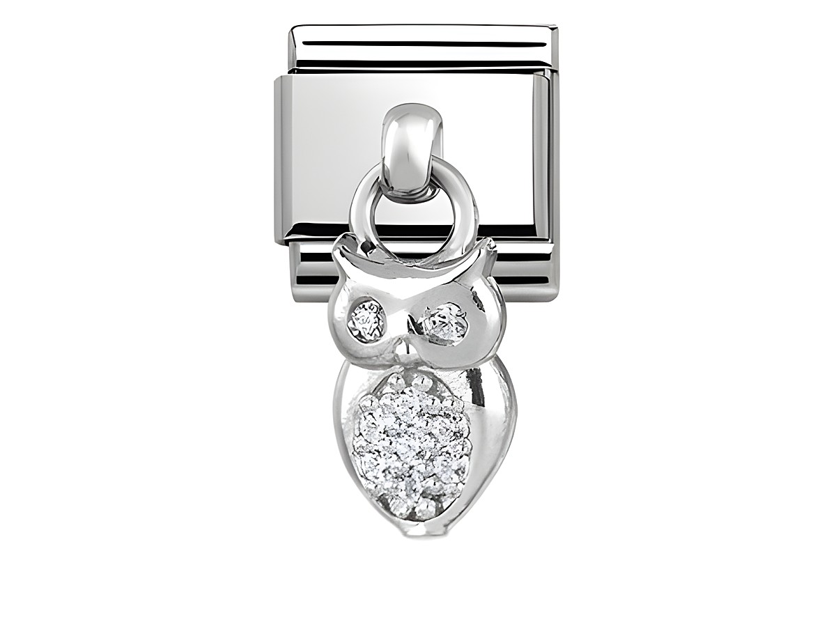 Charm-Eule aus Silber mit Zirkonia, Hersteller Nomination, Modell Classic Charms 331800 12, detailreiche Verarbeitung und glitzerndes Design, ideal für persönliche Schmuckstücke.