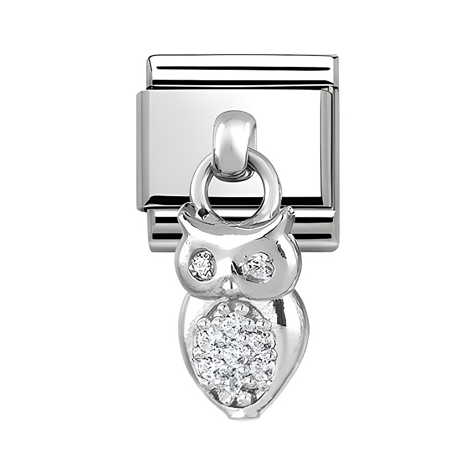 Charm-Eule aus Silber mit Zirkonia, Hersteller Nomination, Modell Classic Charms 331800 12, detailreiche Verarbeitung und glitzerndes Design, ideal für persönliche Schmuckstücke.