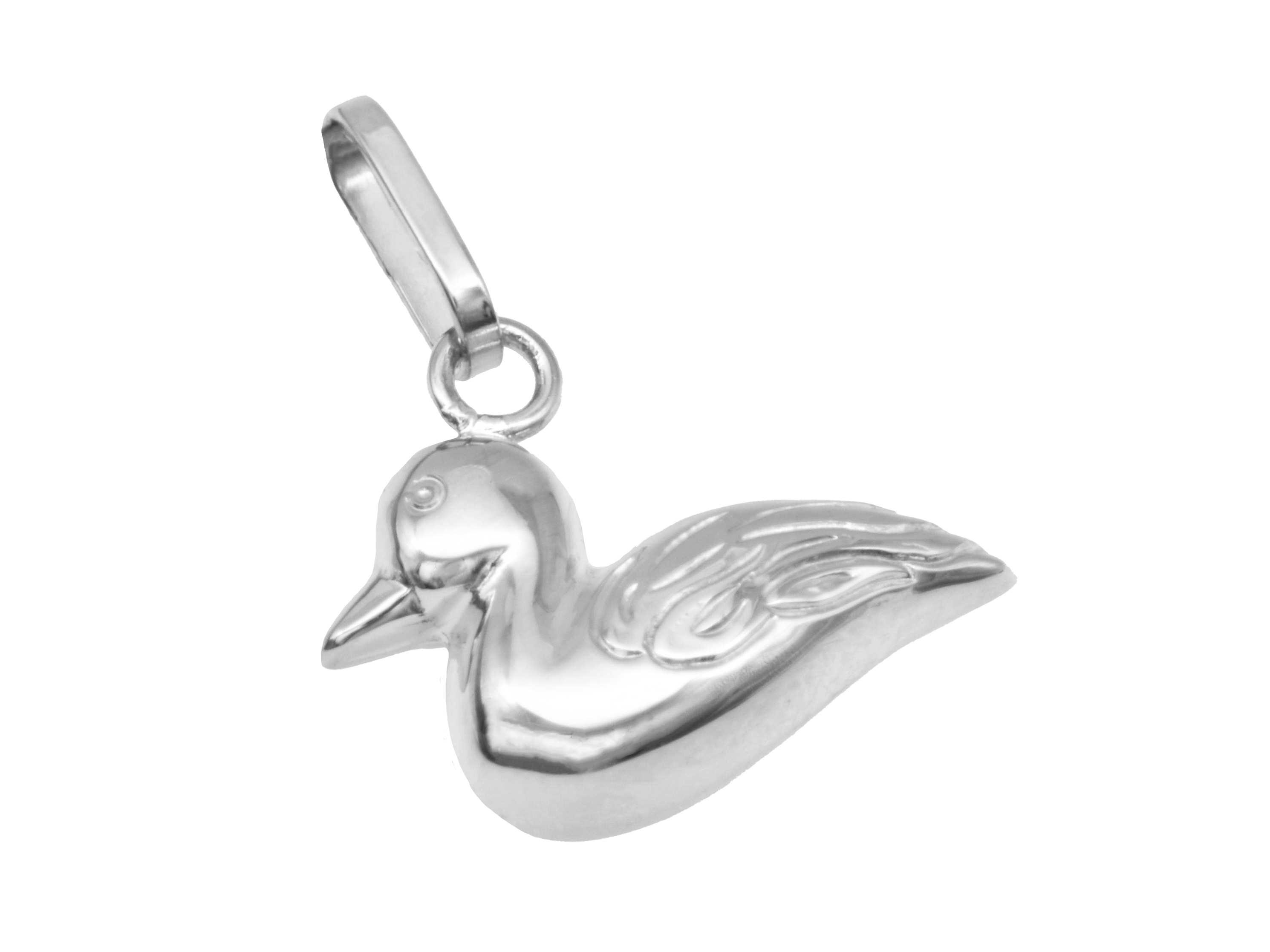 Silber Anhänger in Form einer Ente, aus rhodiniertem und poliertem Sterlingsilber, gefertigt vom Juwelier Harnisch, ideal für Tierliebhaber und Schmuckenthusiasten.