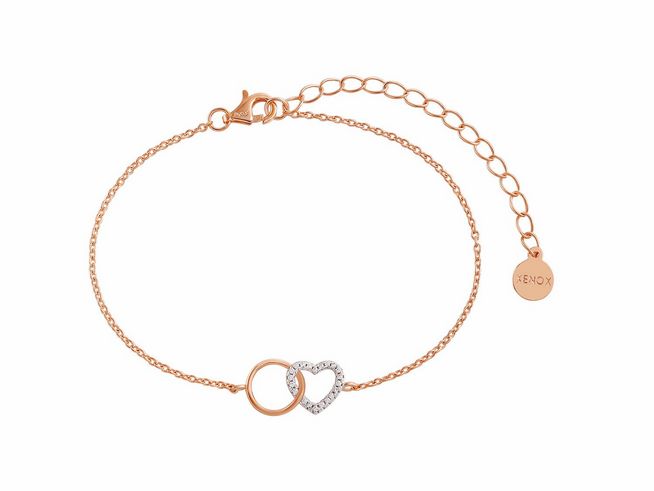 Xenox Sterling Silber Armband XS3612R in Roségold vergoldeter Karreekette mit Herz-Design, verziert mit einem Ring und funkelnden Elementen, verstellbar von 15 bis 20 cm.