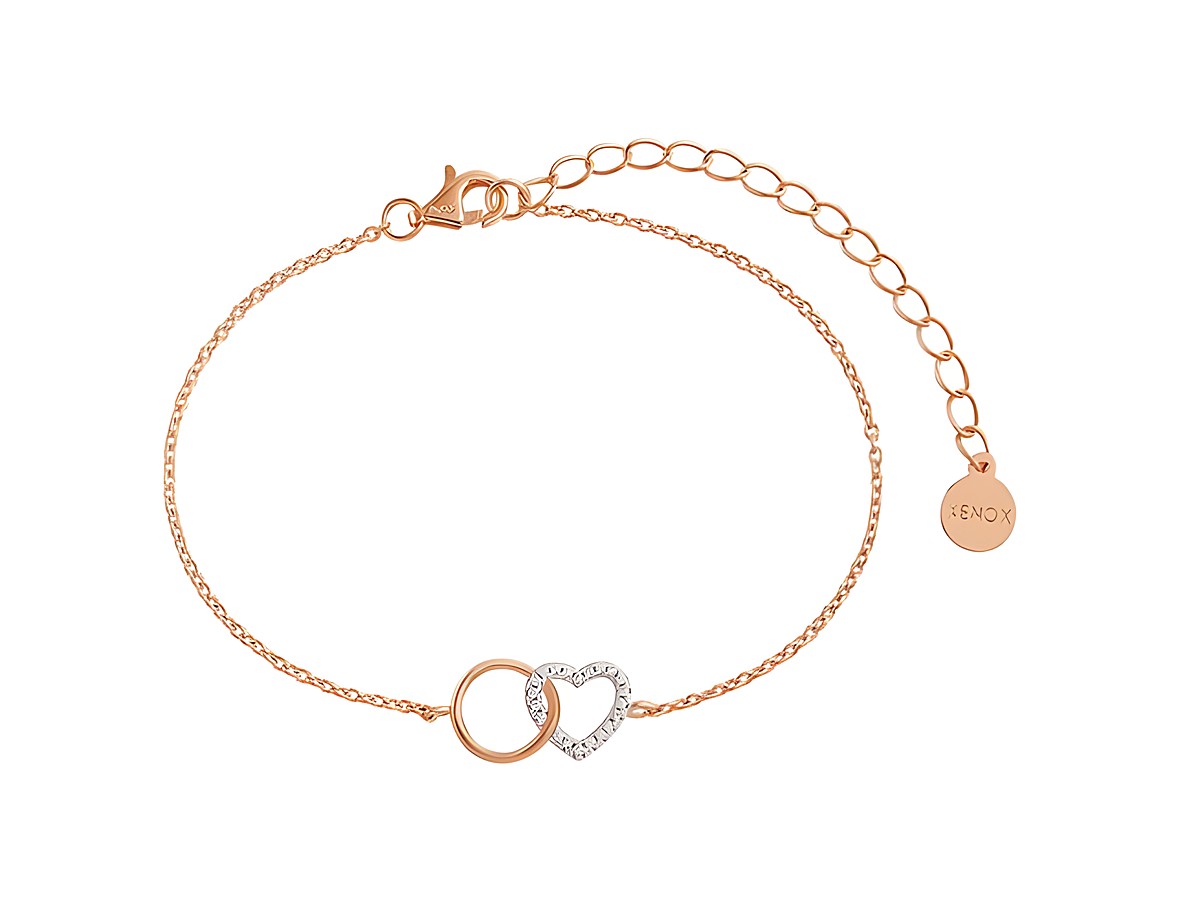 Xenox Sterling Silber Armband XS3612R in Roségold vergoldeter Karreekette mit Herz-Design, verziert mit einem Ring und funkelnden Elementen, verstellbar von 15 bis 20 cm.