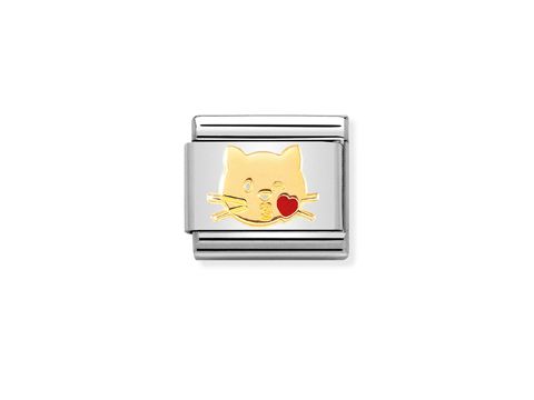 Küpfende Katze aus Emaille und Gold, von Nomination. Die Katze zeigt ein verschmitztes Gesicht mit Herz, gefertigt in emaillierter Optik. Hochwertiges Schmuckstück für Tierliebhaber.