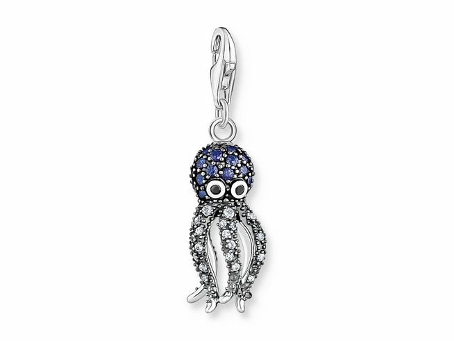 Charm von Thomas Sabo in Form eines Octopuses aus Sterling Silber, verziert mit synthetischem Spinell und Zirkonia, detailreiche Ausführung mit leuchtenden Farben.