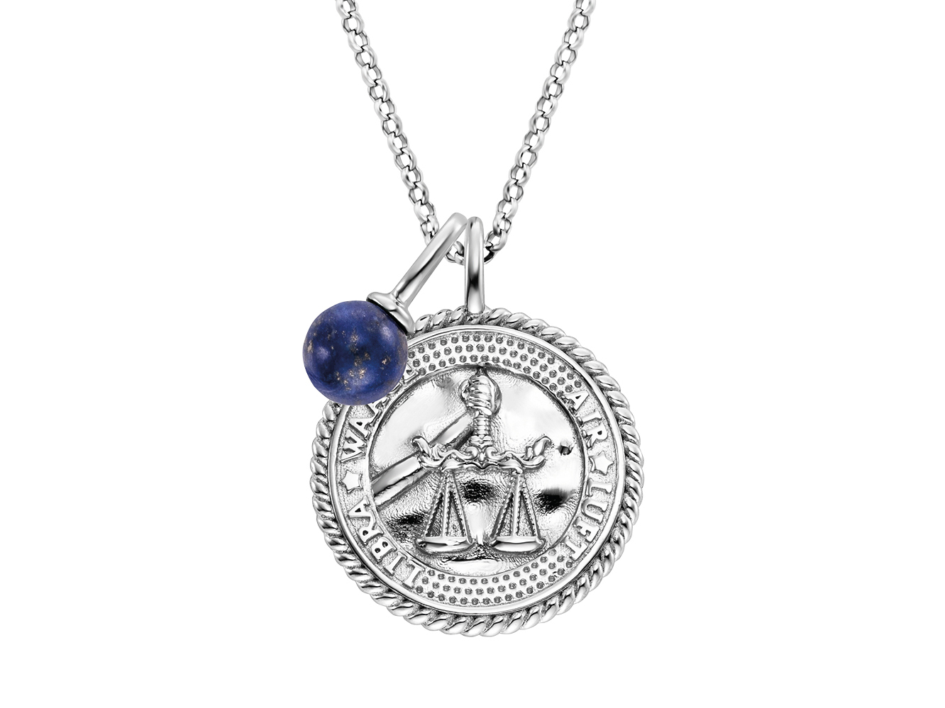 Schmuckkette mit einem silbernen Anhänger, der das Sternzeichen Waage darstellt, verziert mit einem blauen Lapislazuli und Zirkonia, rhodiniertes Silber, Länge 42 cm.