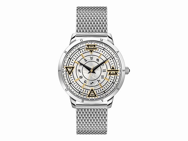 Hochwertige Thomas Sabo WA0387-201-201-42 unisex Armbanduhr mit milanaise Armband, silbernem Zifferblatt und goldenen Akzenten, inspiriert von den Elementen Feuer, Wasser, Luft und Erde.