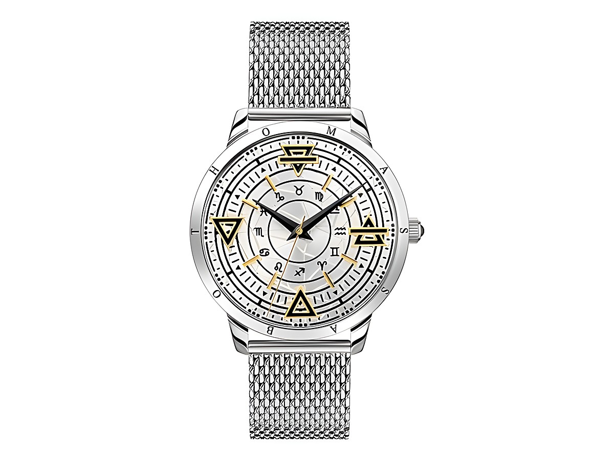 Hochwertige Thomas Sabo WA0387-201-201-42 unisex Armbanduhr mit milanaise Armband, silbernem Zifferblatt und goldenen Akzenten, inspiriert von den Elementen Feuer, Wasser, Luft und Erde.