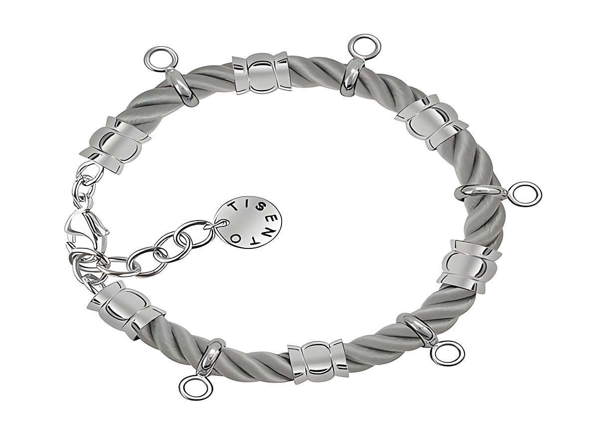 Helles graues Kordelarmband von Ti Sento mit silbernen Elementen und mehreren Ösen zur individuellen Gestaltung, Länge von 18 bis 21 cm, elegantes und modernes Design.