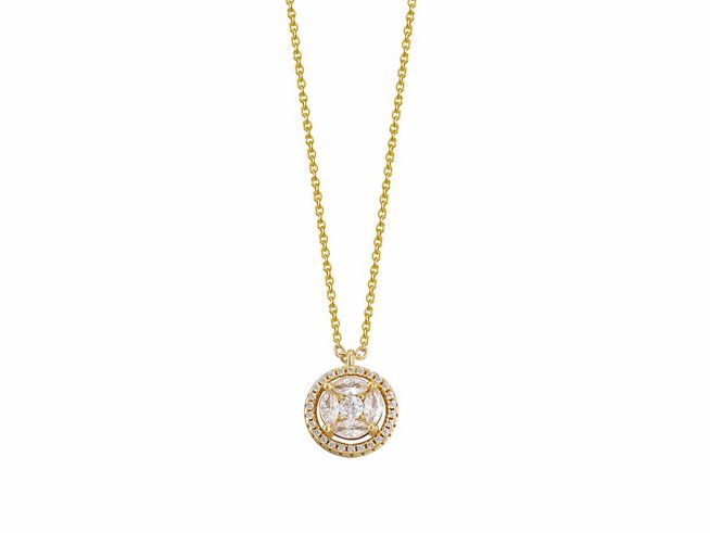 Xenox Sterling Silber Kette XS7065G mit 40-45 cm Länge und einem Anhänger in Gelbgold Vergoldung, mit funkelndem Zirkonia in einem kreisförmigen Halo-Design.