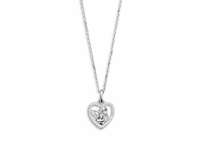 Xenox Sterling Silber Kette XS3552 mit Schutzengel-Anhänger in Herzform, funkelnden Details und Ankerkette, Länge 40-45 cm, elegante und symbolische Schmuckstück.