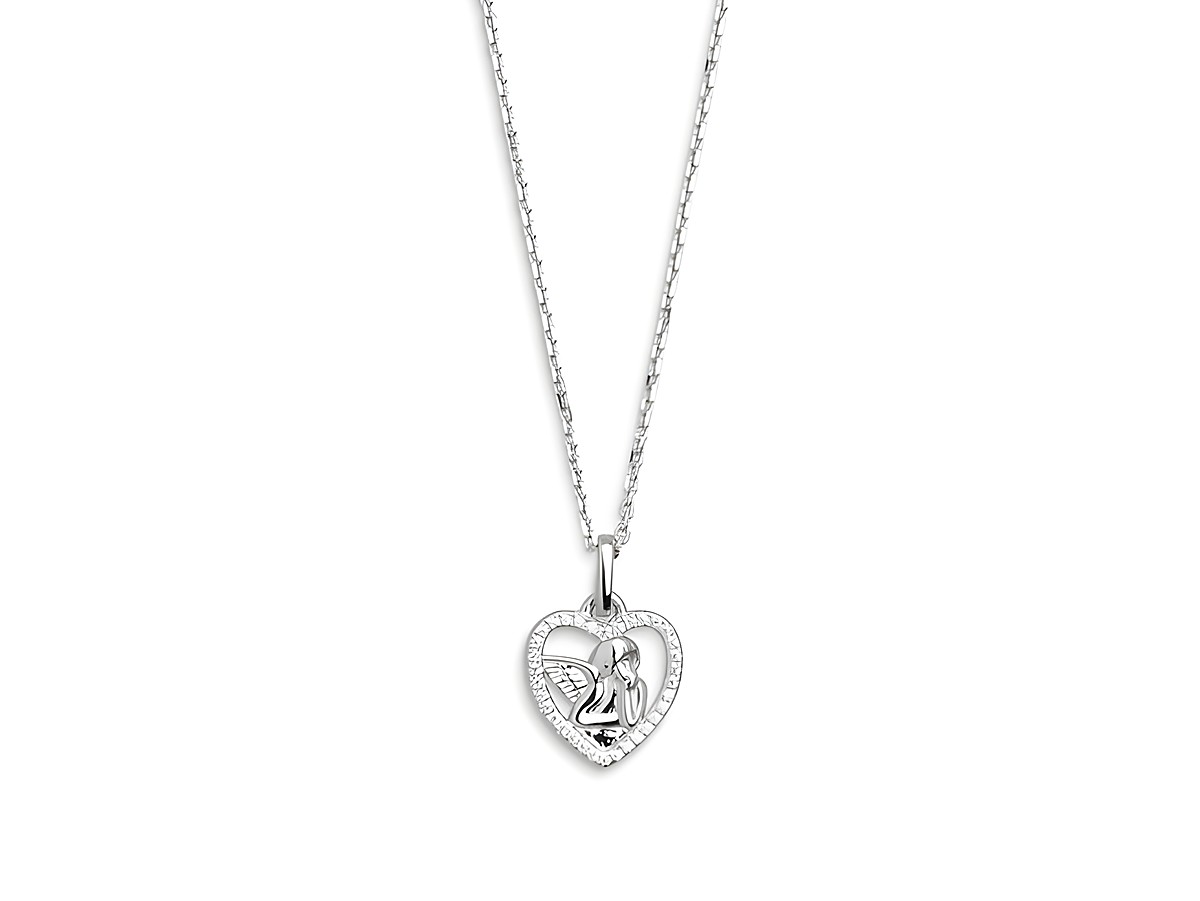 Xenox Sterling Silber Kette XS3552 mit Schutzengel-Anhänger in Herzform, funkelnden Details und Ankerkette, Länge 40-45 cm, elegante und symbolische Schmuckstück.