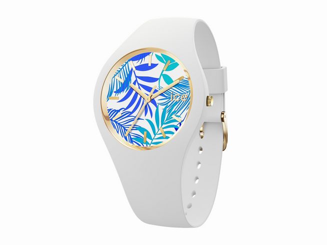 Die Ice-Watch ICE flower in Türkis mit Blattmuster hat ein weißes Gehäuse und Armband. Das Ziffernblatt präsentiert ein lebhaftes florales Design in Blau- und Grüntönen.