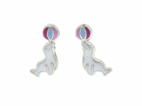 Ohrringe Stecker in Form eines Seehundes aus rhodiniertem Silber, mit buntem Ball. Ideal für Kinder, Hersteller Juwelier Harnisch, tierisches Design.