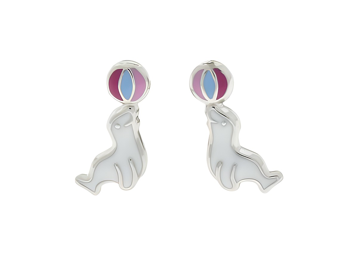 Ohrringe Stecker in Form eines Seehundes aus rhodiniertem Silber, mit buntem Ball. Ideal für Kinder, Hersteller Juwelier Harnisch, tierisches Design.