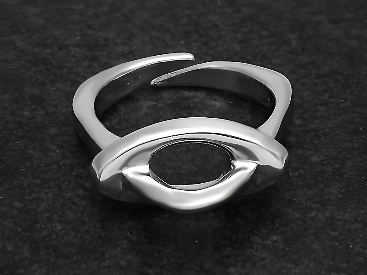 Futuristischer Silberring in rhodiniertem Finish, etwas verstellbar, ohne Stein, vom Hersteller Juwelier Harnisch, elegantes_design mit fließenden Linien und offener Mitte.