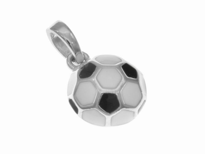Silber rhodinierter Anhänger in Form eines Fußballs mit schwarzem und weißem Lack, ideal für Kinder, hergestellt von Juwelier Harnisch, sportliches Design.