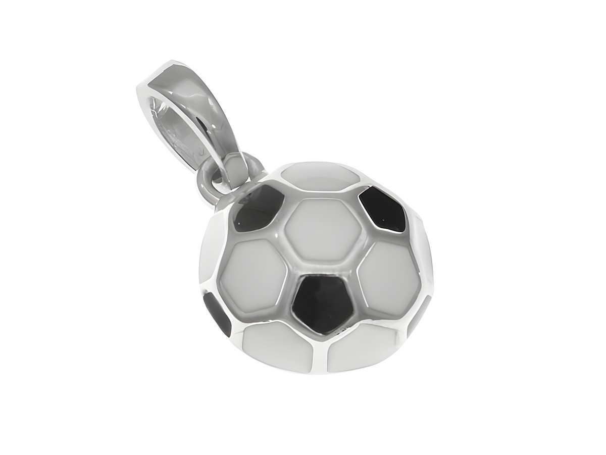 Silber rhodinierter Anhänger in Form eines Fußballs mit schwarzem und weißem Lack, ideal für Kinder, hergestellt von Juwelier Harnisch, sportliches Design.