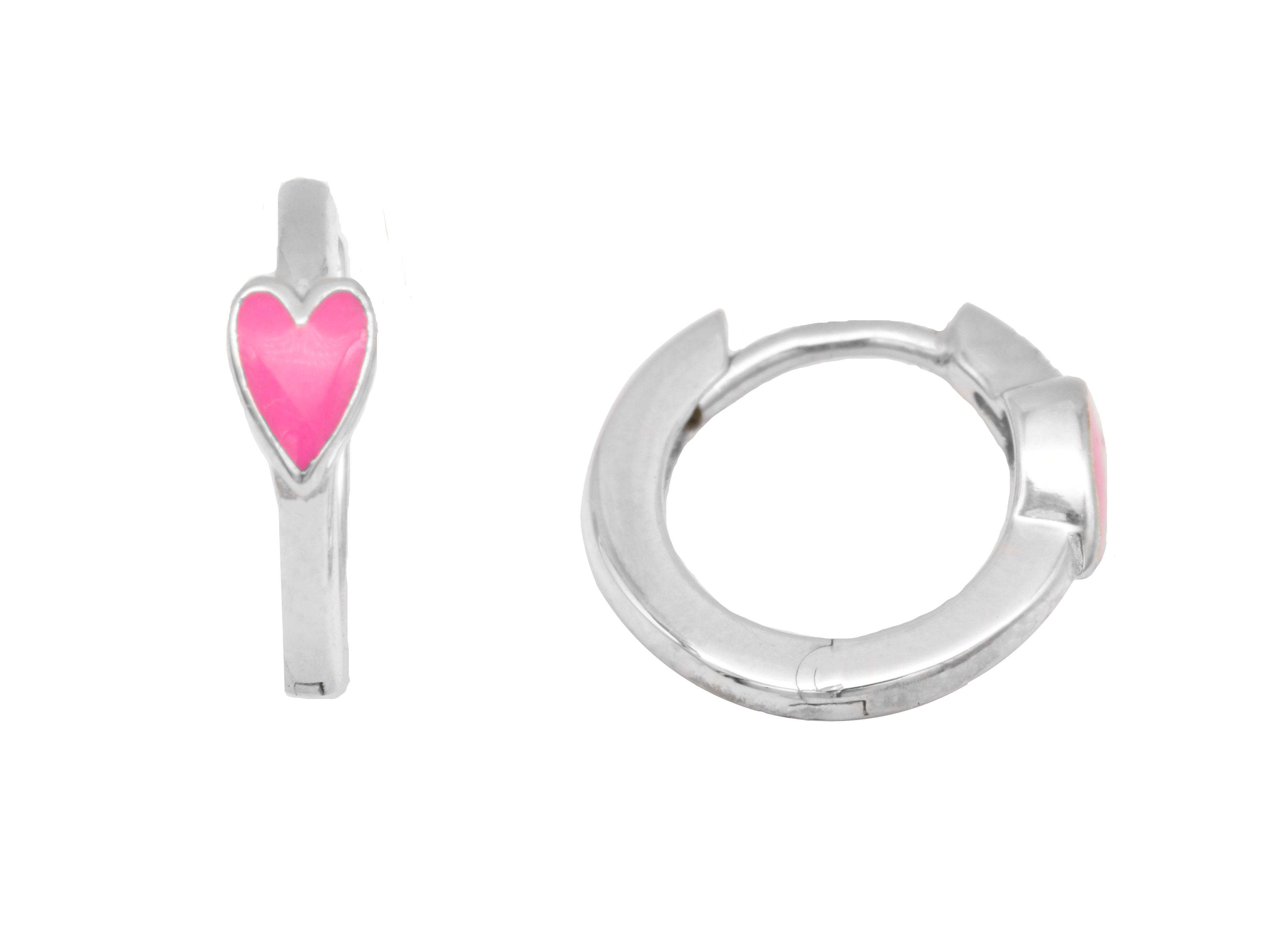 Silber Ohrringe Creolen 1,2 cm mit Herz in pinkem Lack, aus rhodiniertem poliertem Sterling Silber, ideal für Kinder, Hersteller Juwelier Harnisch.