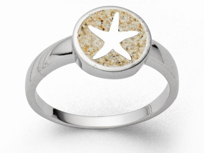 Sterling Silber Ring von DUR mit traumhaftem Strandsanddesign, Größe 54, verziert mit einem weißen Sternenmuster im sandfarbenen Hintergrund. Elegantes und modernes Accessoire.