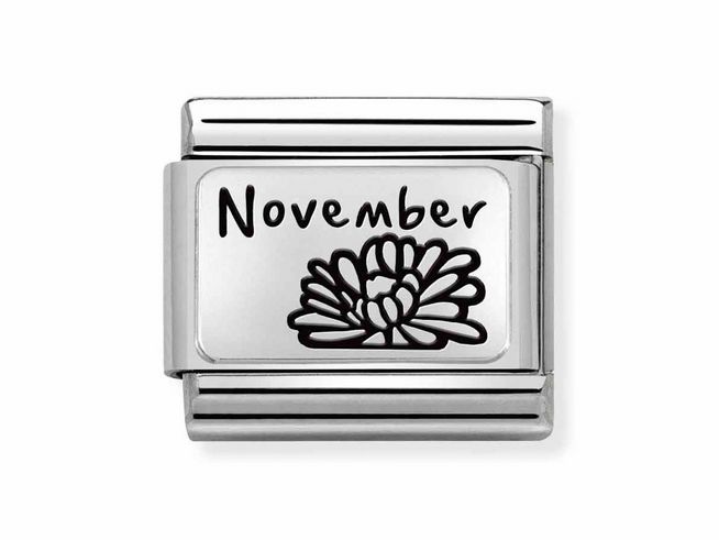 Charm aus Edelstahl und sterling Silber mit der Gravur November und einer Abbildung einer Chrysantheme, passend für die Nomination Classic Armbänder, Hersteller Nomination.