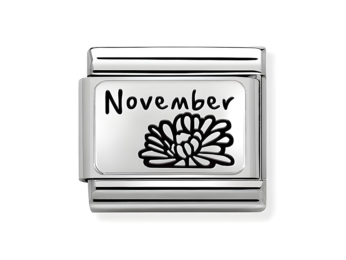 Charm aus Edelstahl und sterling Silber mit der Gravur November und einer Abbildung einer Chrysantheme, passend für die Nomination Classic Armbänder, Hersteller Nomination.