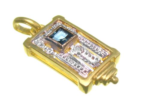 Viereck Diamant Gold Anhänger bicolor 18 mm mit Saphir und funkelnden Details, gefertigt vom Juwelier Harnisch, ideal als elegantes Schmuckstück.