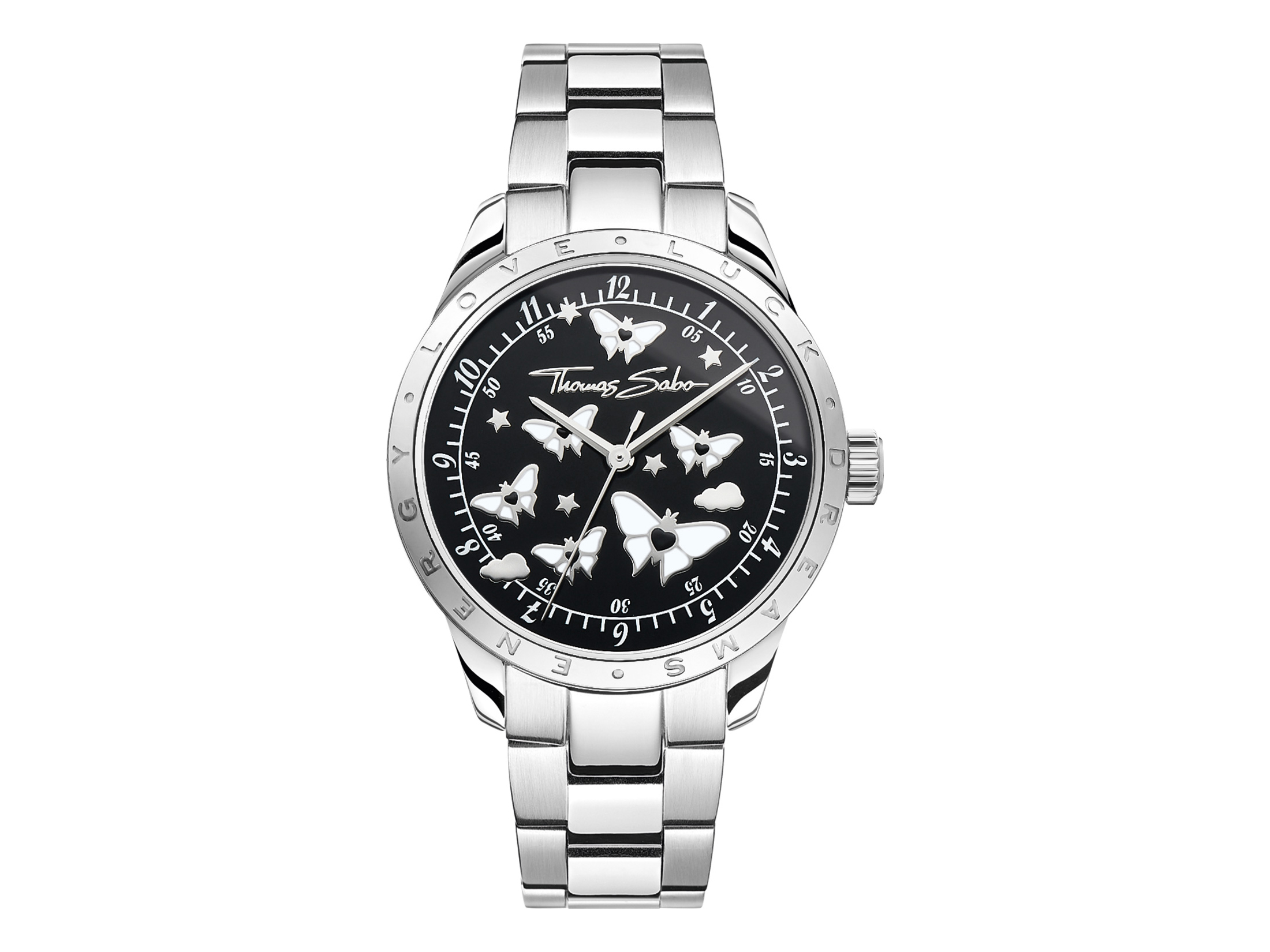 Thomas Sabo Damenuhr WA0432-201-203 mit einem schwarzen Ziffernblatt und fliegenden Schmetterlingen, Edelstahlarmband, stilvoll und modern, perfekte Ergänzung für jedes Outfit.