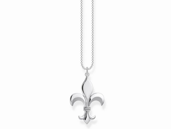 Kette von Thomas Sabo aus geschwärztem Sterling Silber mit einem stilisierten Fleurs-de-Lis Anhänger, Länge 45 bis 50 cm, geeignet für verschiedene Anlässe.