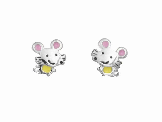 Ohrstecker mit einer niedlichen Maus aus 925 Sterling Silber, poliert und rhodiniert, ideal für Kinder, hergestellt von Juwelier Harnisch, fröhliches Design mit bunten Akzenten.