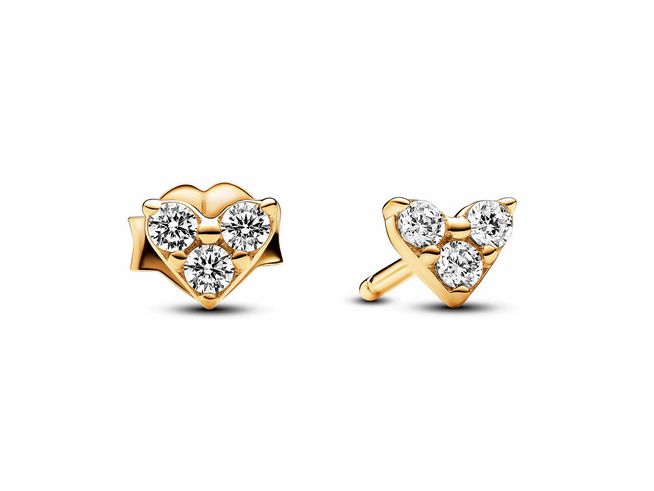 Dreifache Herz Ohrringe von Pandora in Gelbgold Vergoldung mit funkelnden Zirkonia Steinen, elegant und stilvoll, ideal für besondere Anlässe oder den Alltag.