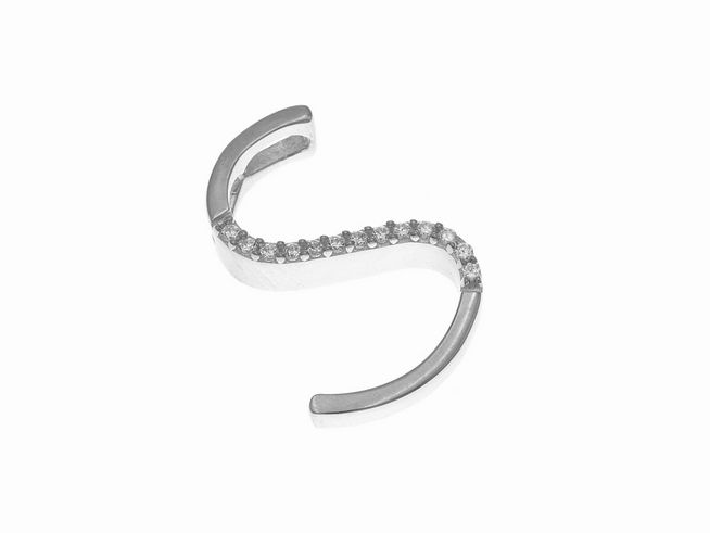 Anhänger aus Sterling Silber in Form des Buchstabens S, poliert und rhodiniert, verziert mit Zirkonia-Steinen, Hersteller Juwelier Harnisch.